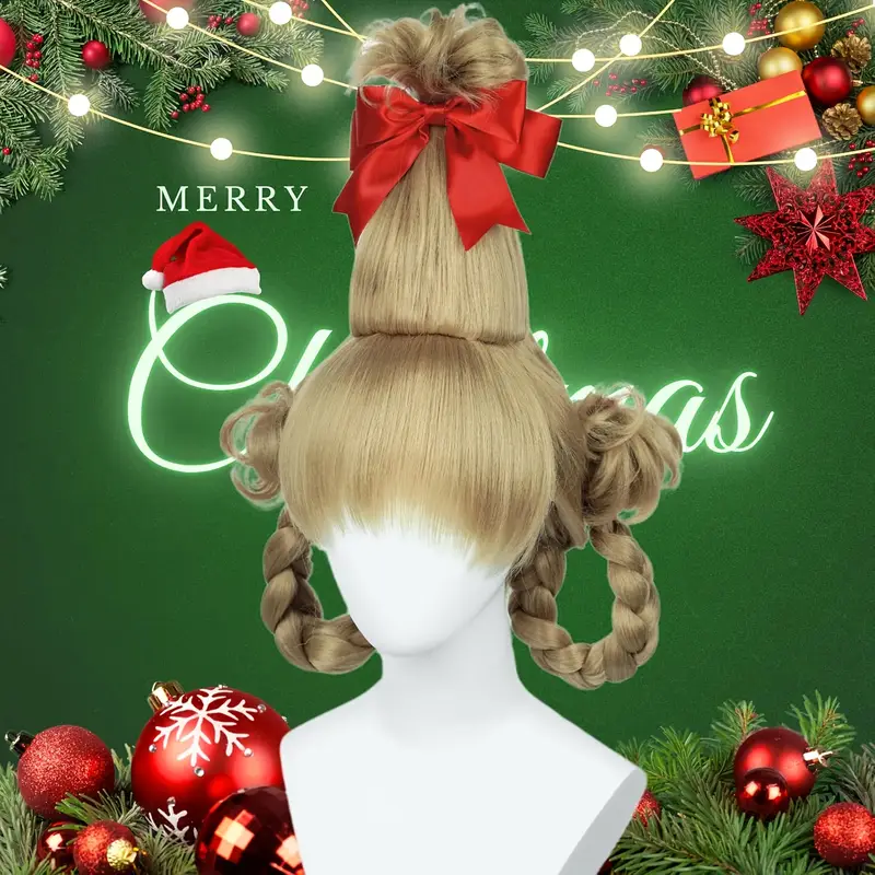 Christmas Sweet Style Golden Braided Ponytail Wig with Red Bow - Essential for Holiday Parties & Cosplay Christmas Wig