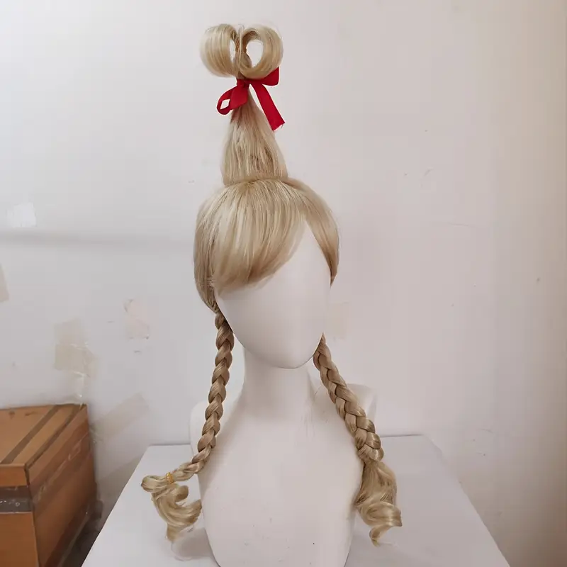 Christmas Sweet Style Golden Braided Ponytail Wig with Red Bow - Essential for Holiday Parties & Cosplay Christmas Wig