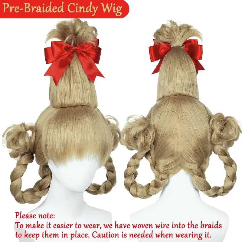 Christmas Sweet Style Golden Braided Ponytail Wig with Red Bow - Essential for Holiday Parties & Cosplay Christmas Wig