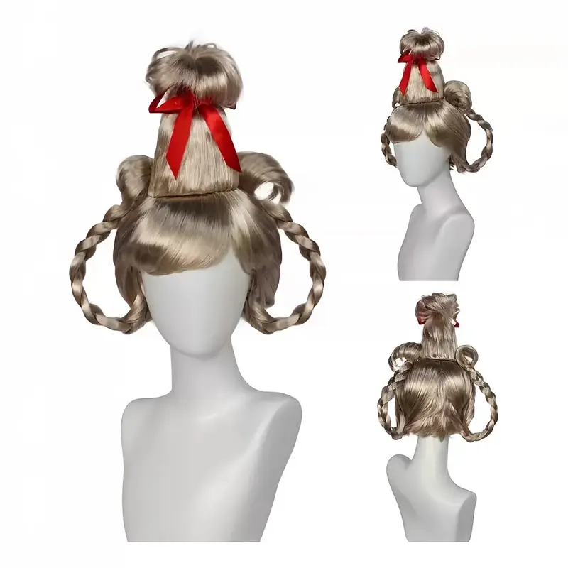 Christmas Sweet Style Golden Braided Ponytail Wig with Red Bow - Essential for Holiday Parties & Cosplay Christmas Wig