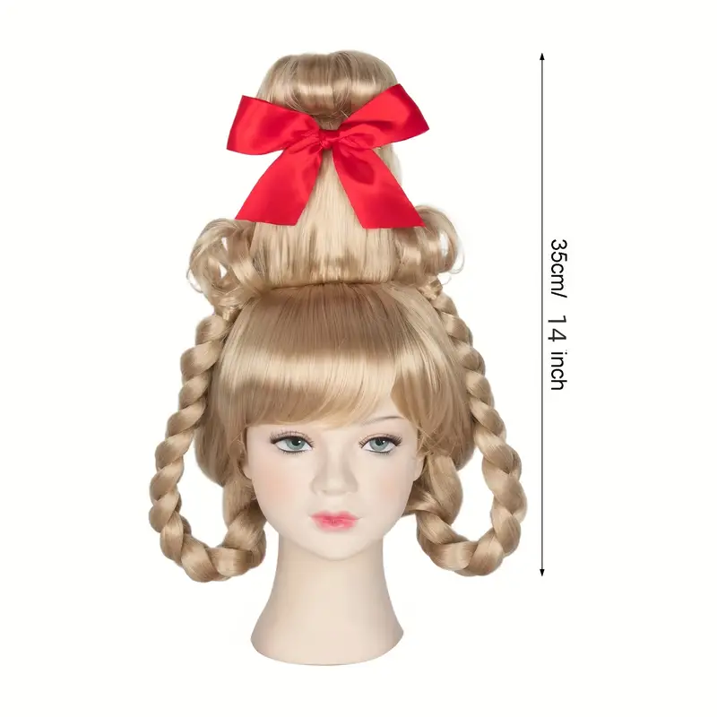 Christmas Sweet Style Golden Braided Ponytail Wig with Red Bow - Essential for Holiday Parties & Cosplay Christmas Wig