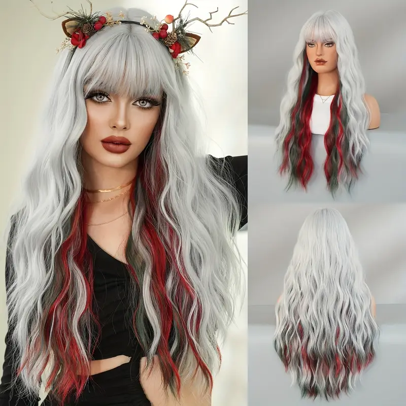 1pc 7JHH WIGS Women'S Long Water Wave Synthetic Wig, Silvery Grey with Red & Green Highlights, Heat Resistant High Density 150% Fluffy Wig with Bangs, Rose Net Cap, for Daily, Party, Halloween, Christmas Dress Up - 27.55 Inches