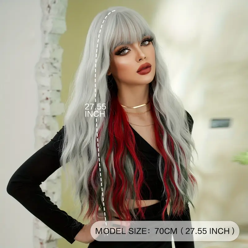 1pc 7JHH WIGS Women'S Long Water Wave Synthetic Wig, Silvery Grey with Red & Green Highlights, Heat Resistant High Density 150% Fluffy Wig with Bangs, Rose Net Cap, for Daily, Party, Halloween, Christmas Dress Up - 27.55 Inches