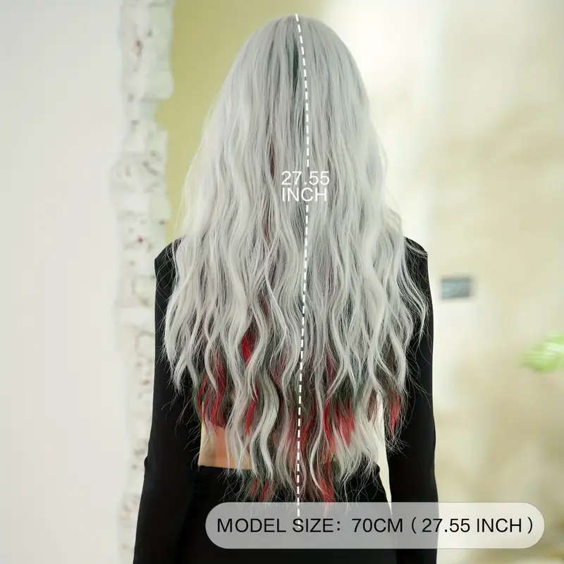 1pc 7JHH WIGS Women'S Long Water Wave Synthetic Wig, Silvery Grey with Red & Green Highlights, Heat Resistant High Density 150% Fluffy Wig with Bangs, Rose Net Cap, for Daily, Party, Halloween, Christmas Dress Up - 27.55 Inches