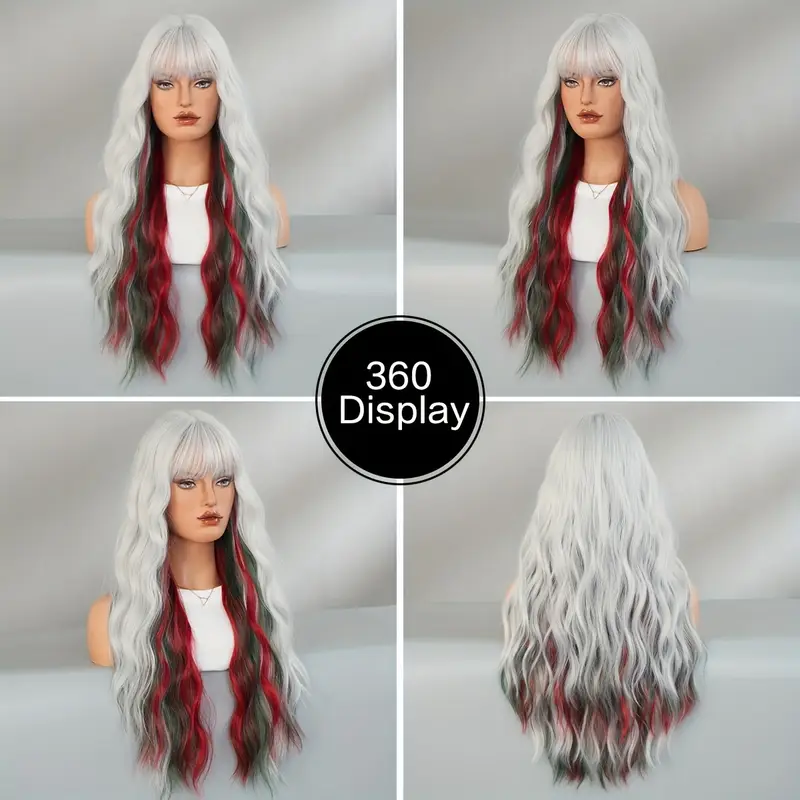 1pc 7JHH WIGS Women'S Long Water Wave Synthetic Wig, Silvery Grey with Red & Green Highlights, Heat Resistant High Density 150% Fluffy Wig with Bangs, Rose Net Cap, for Daily, Party, Halloween, Christmas Dress Up - 27.55 Inches