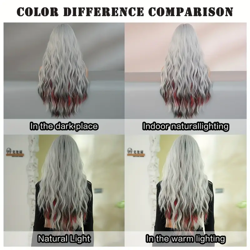 1pc 7JHH WIGS Women'S Long Water Wave Synthetic Wig, Silvery Grey with Red & Green Highlights, Heat Resistant High Density 150% Fluffy Wig with Bangs, Rose Net Cap, for Daily, Party, Halloween, Christmas Dress Up - 27.55 Inches